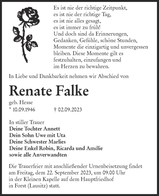 Traueranzeige von Renate Falke von Lausitzer Rundschau