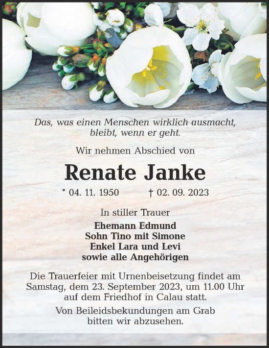Traueranzeige von Renate Janke von Lausitzer Rundschau
