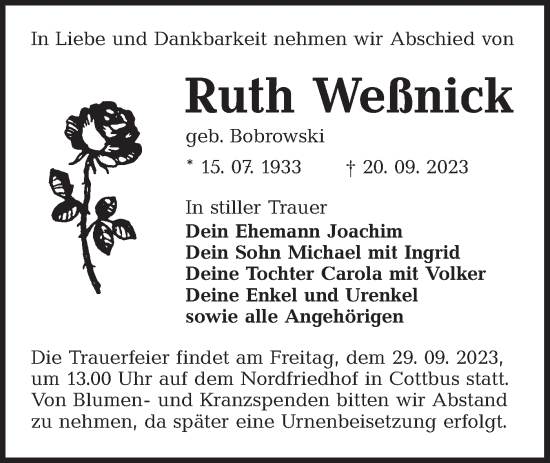 Traueranzeige von Ruth Weßnick von Lausitzer Rundschau