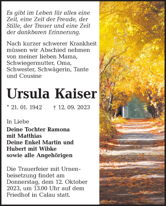 Traueranzeige von Ursula Kaiser von Lausitzer Rundschau