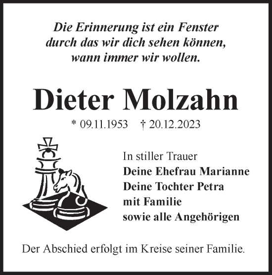 Traueranzeige von Dieter Molzahn von Lausitzer Rundschau