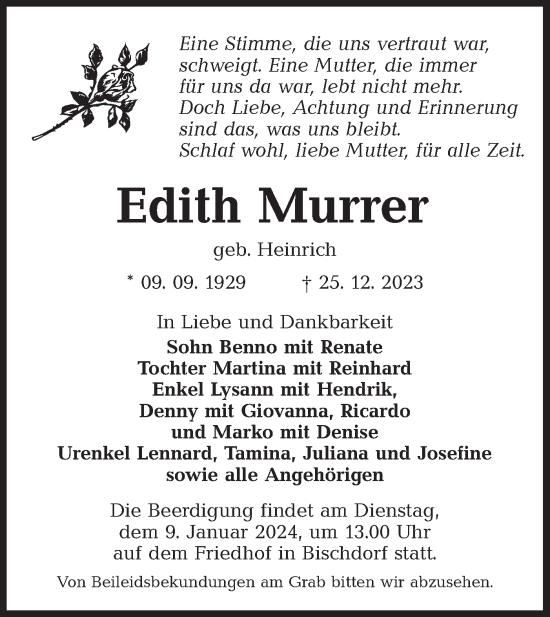 Traueranzeige von Edith Murrer von Lausitzer Rundschau