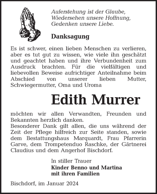 Traueranzeige von Edith Murrer von Lausitzer Rundschau
