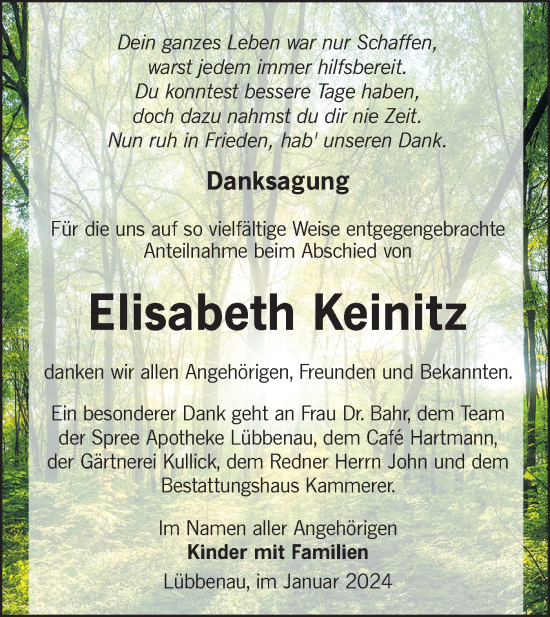 Traueranzeige von Elisabeth Keinitz von Lausitzer Rundschau