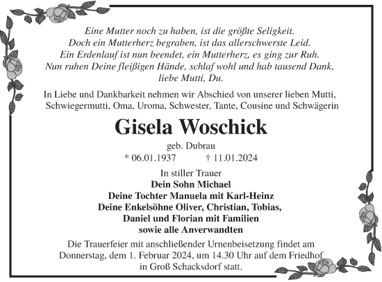 Traueranzeige von Gisela Woschick von Lausitzer Rundschau