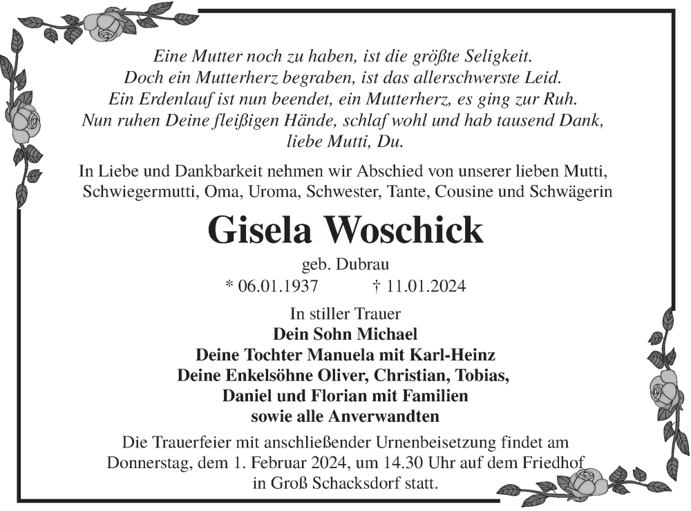  Traueranzeige für Gisela Woschick vom 27.01.2024 aus Lausitzer Rundschau