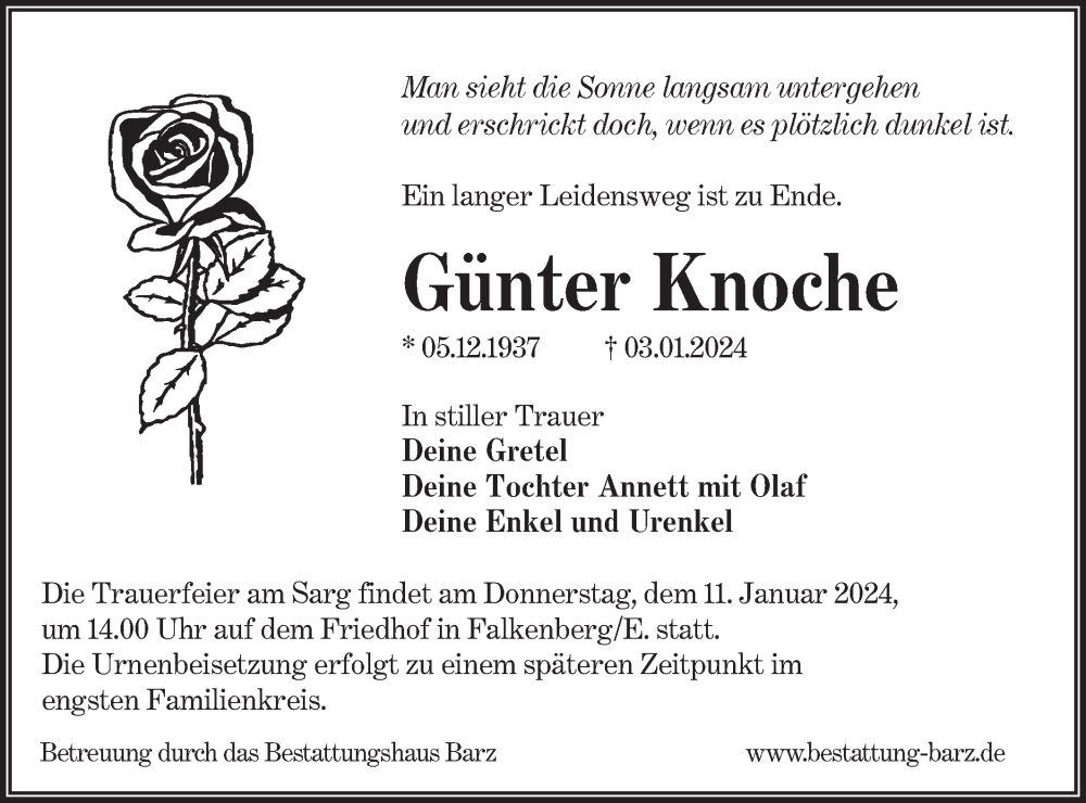  Traueranzeige für Günter Knoche vom 06.01.2024 aus Lausitzer Rundschau