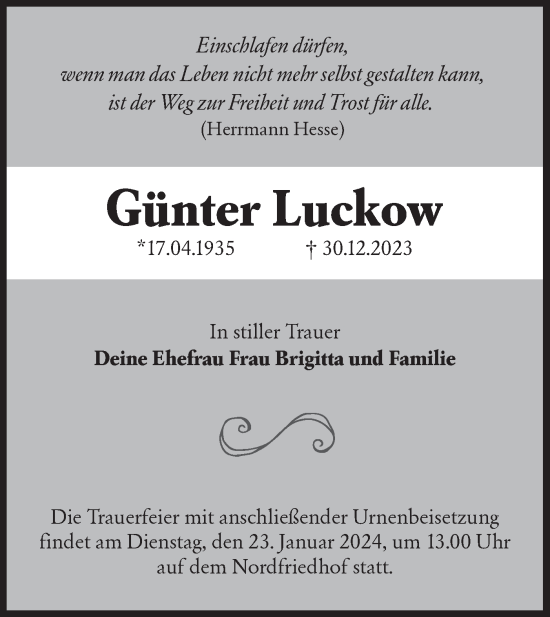 Traueranzeige von Günter Luckow von Lausitzer Rundschau