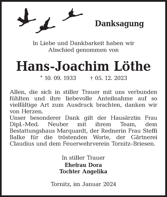 Traueranzeige von Hans-Joachim Löthe von Lausitzer Rundschau