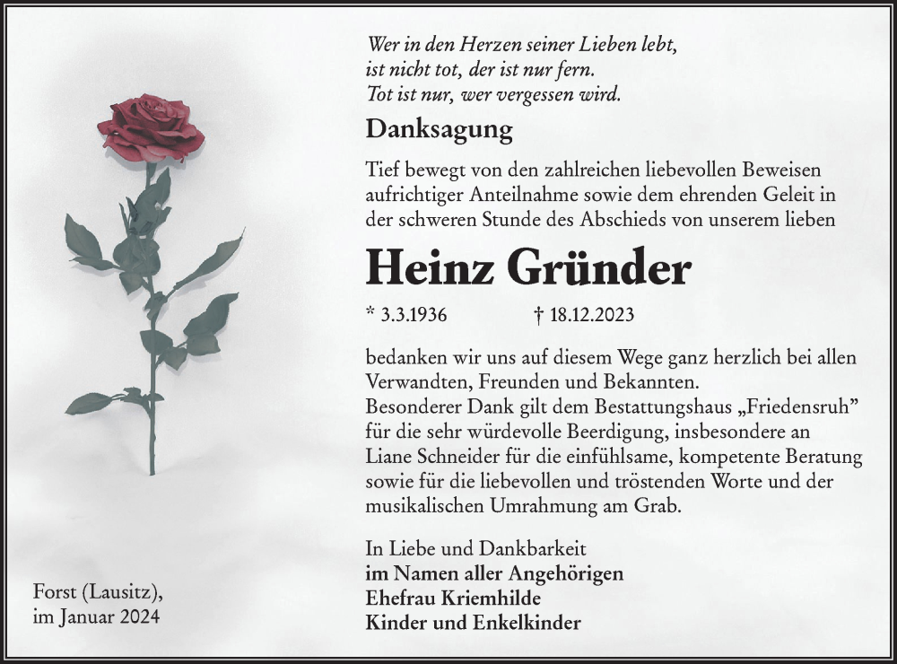  Traueranzeige für Heinz Gründer vom 13.01.2024 aus Lausitzer Rundschau