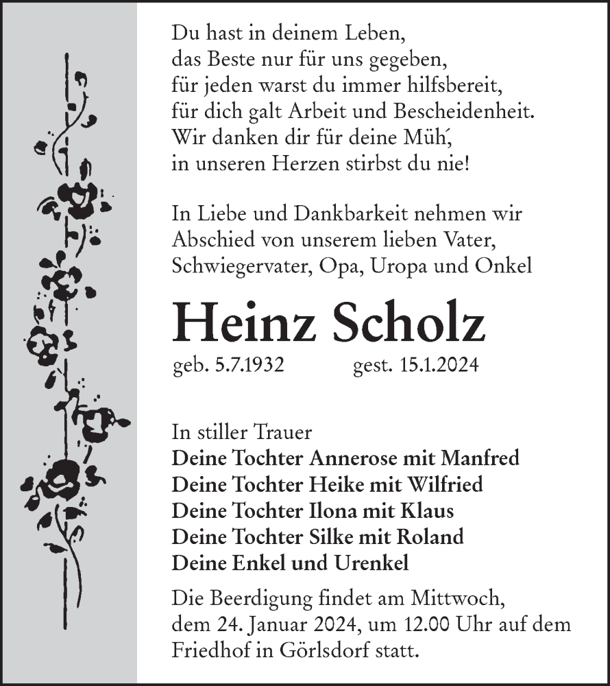  Traueranzeige für Heinz Scholz vom 20.01.2024 aus Lausitzer Rundschau