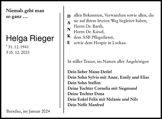 Traueranzeige von Helga Rieger von Lausitzer Rundschau