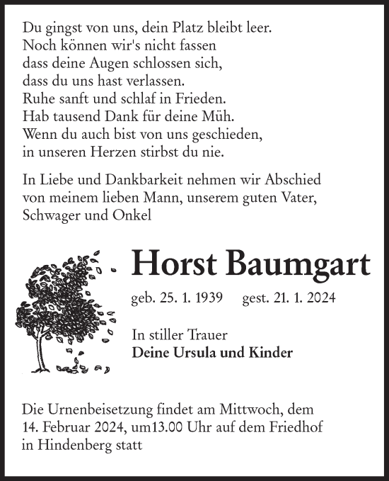 Traueranzeige von Horst Baumgart von Lausitzer Rundschau