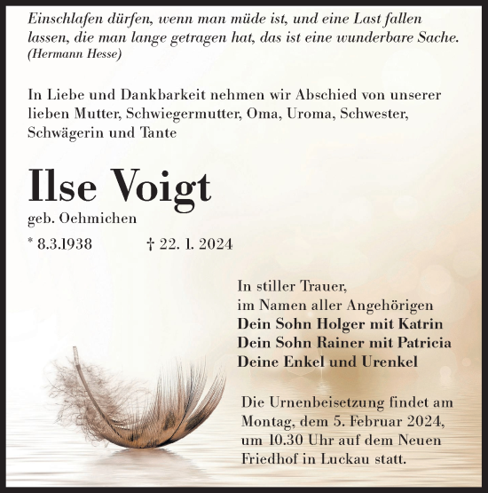 Traueranzeige von Ilse Voigt von Lausitzer Rundschau