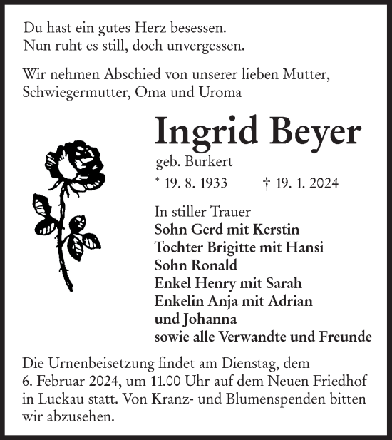 Traueranzeige von Ingrid Beyer von Lausitzer Rundschau