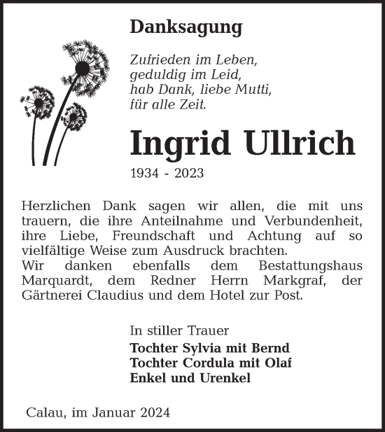 Traueranzeige von Ingrid Ullrich von Lausitzer Rundschau