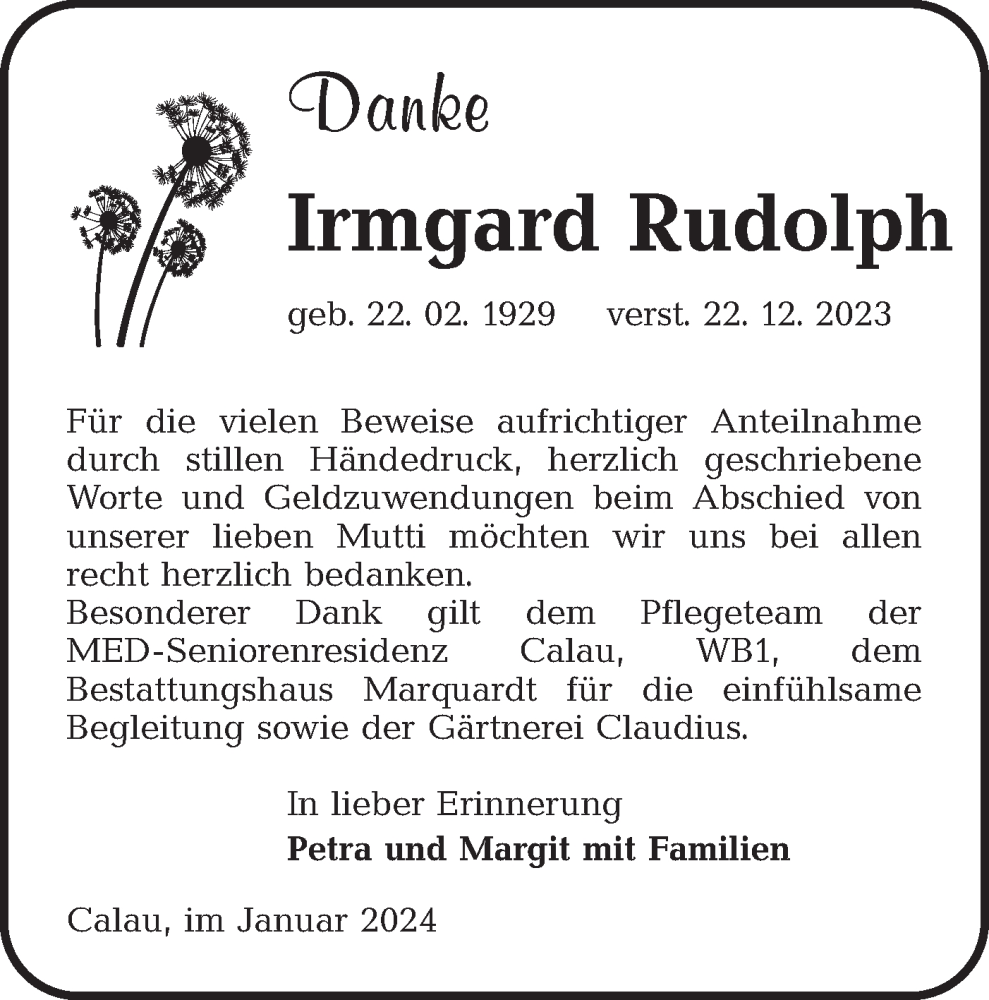  Traueranzeige für Irmgard Rudolph vom 27.01.2024 aus Lausitzer Rundschau