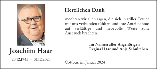 Traueranzeige von Joachim Haar von Lausitzer Rundschau