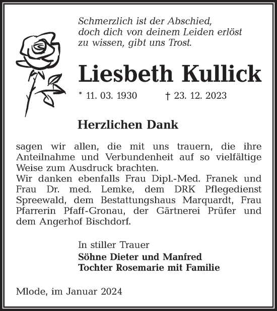Traueranzeige von Liesbeth Kullick von Lausitzer Rundschau