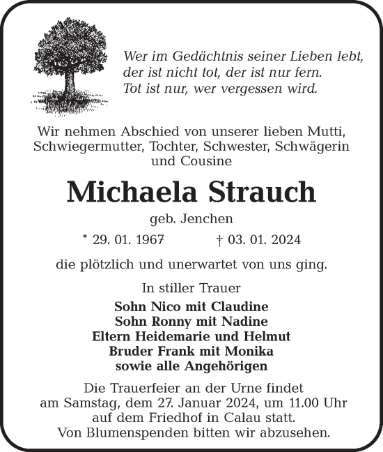 Traueranzeige von Michaela Strauch von Lausitzer Rundschau