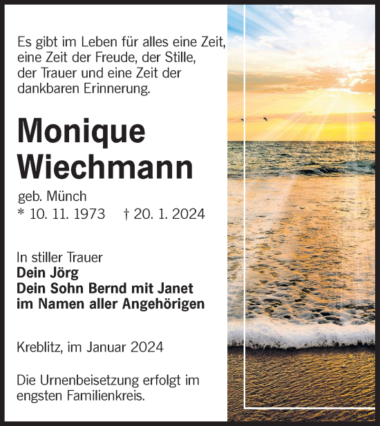 Traueranzeige von Monique Wiechmann von Lausitzer Rundschau
