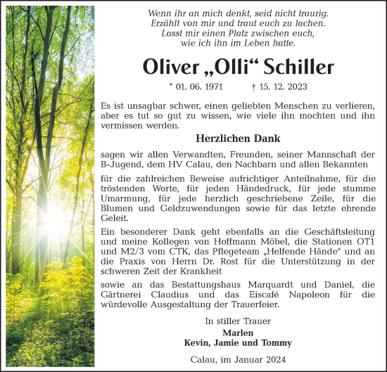 Traueranzeige von Oliver Schiller von Lausitzer Rundschau