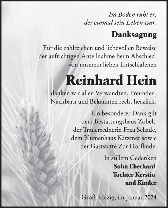 Traueranzeige von Reinhard Hein von Lausitzer Rundschau