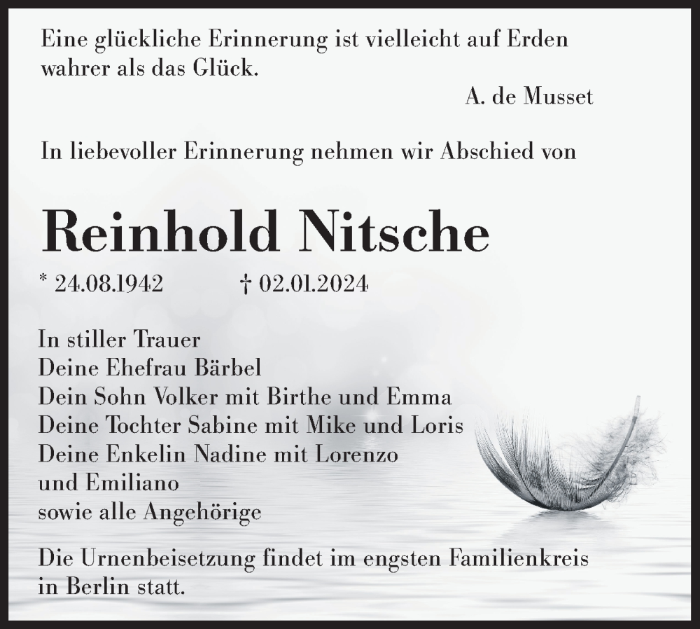  Traueranzeige für Reinhold Nitsche vom 13.01.2024 aus Lausitzer Rundschau