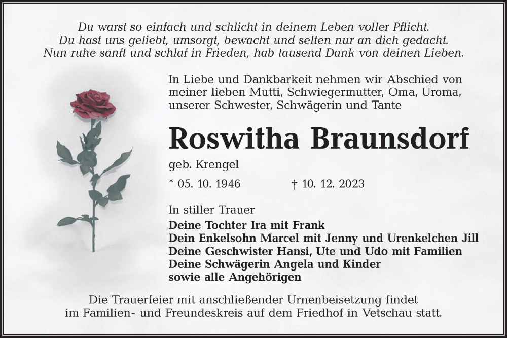  Traueranzeige für Roswitha Braunsdorf vom 06.01.2024 aus Lausitzer Rundschau