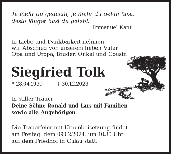 Traueranzeige von Siegfried Tolk von Lausitzer Rundschau