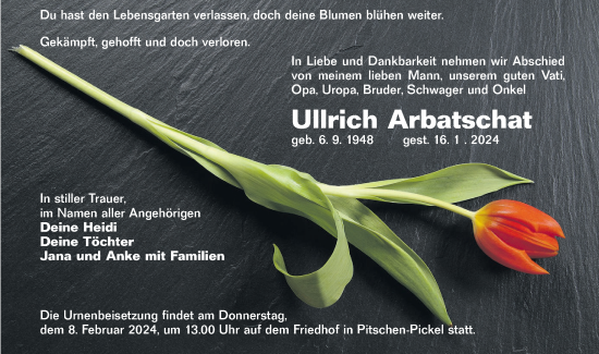 Traueranzeige von Ullrich Arbatschat von Lausitzer Rundschau