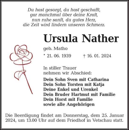 Traueranzeige von Ursula Nather von Lausitzer Rundschau