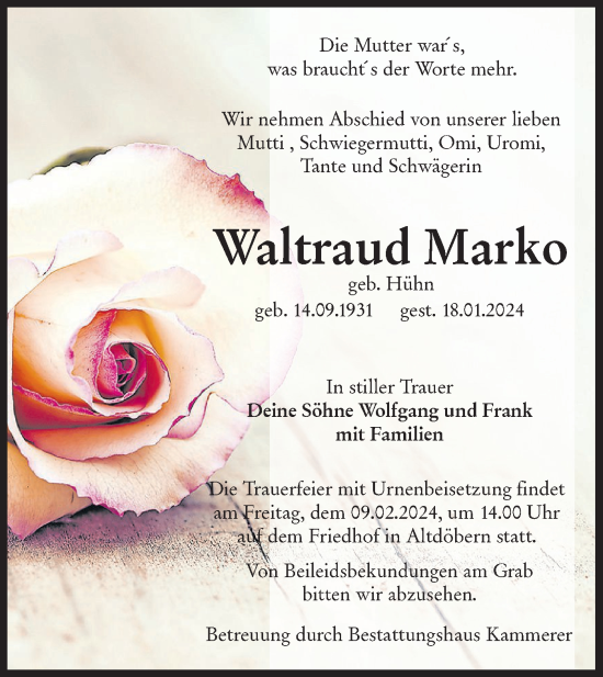 Traueranzeige von Waltraud Marko von Lausitzer Rundschau