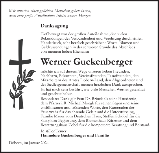 Traueranzeige von Werner Guckenberger von Lausitzer Rundschau