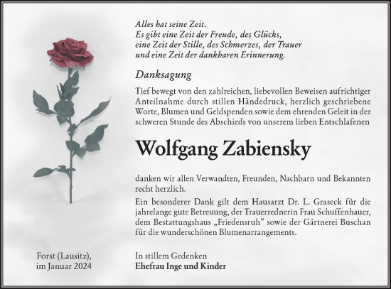 Traueranzeige von Wolfgang Zabiensky von Lausitzer Rundschau