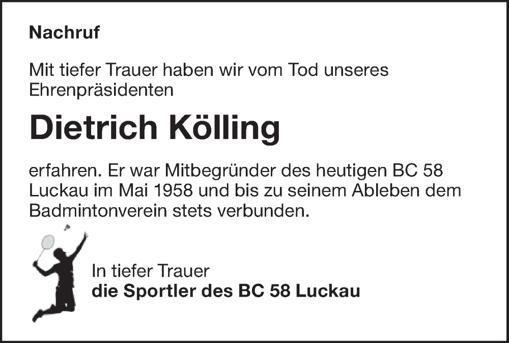  Traueranzeige für Dietrich Kölling vom 26.10.2024 aus Lausitzer Rundschau