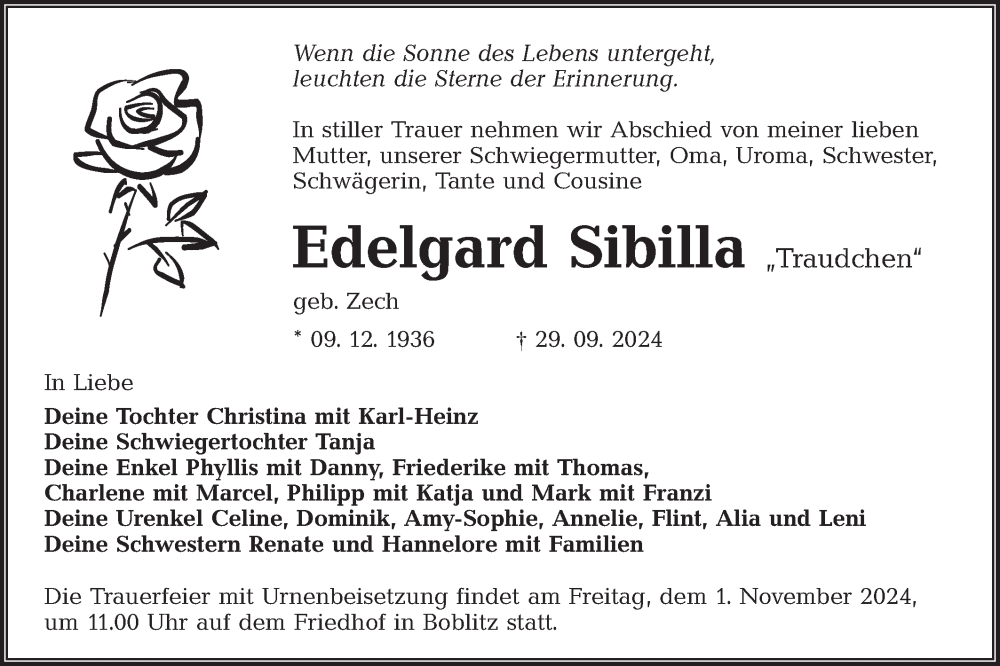  Traueranzeige für Edelgard Sibilla vom 19.10.2024 aus Lausitzer Rundschau