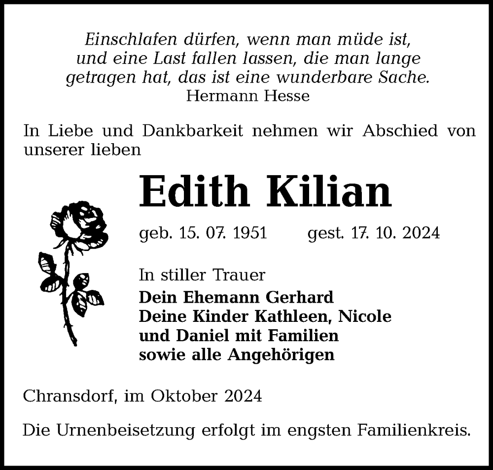  Traueranzeige für Edith Kilian vom 26.10.2024 aus Lausitzer Rundschau