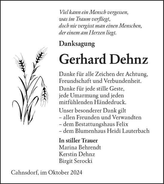 Traueranzeige von Gerhard Dehnz von Lausitzer Rundschau