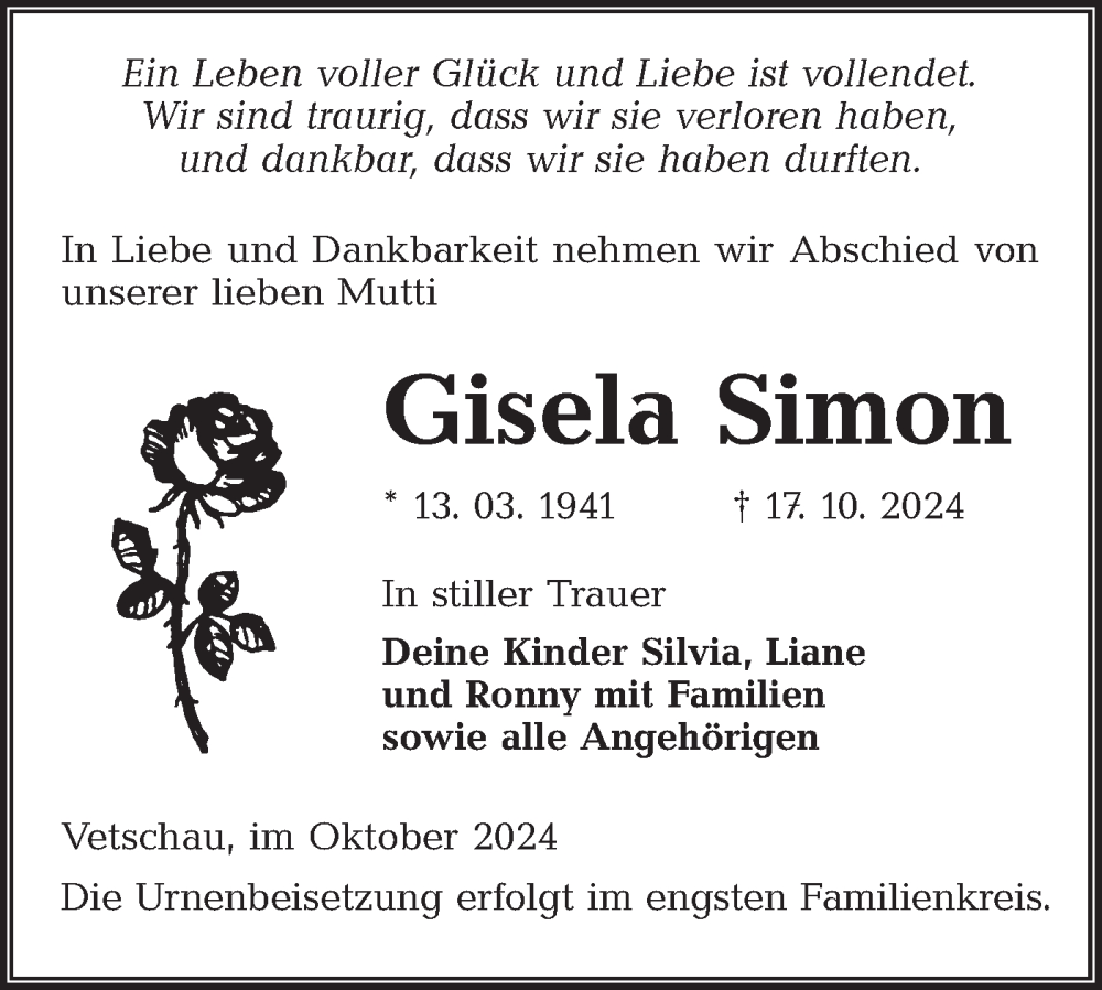  Traueranzeige für Gisela Simon vom 26.10.2024 aus Lausitzer Rundschau
