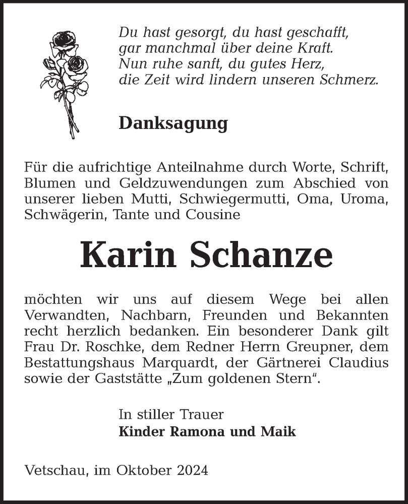  Traueranzeige für Karin Schanze vom 26.10.2024 aus Lausitzer Rundschau