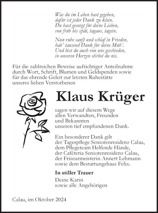 Traueranzeige von Klaus Krüger von Lausitzer Rundschau