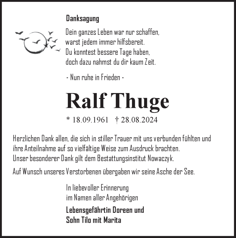  Traueranzeige für Ralf Thuge vom 12.10.2024 aus Lausitzer Rundschau