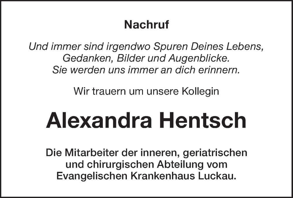  Traueranzeige für Alexandra Hentsch vom 23.11.2024 aus Lausitzer Rundschau