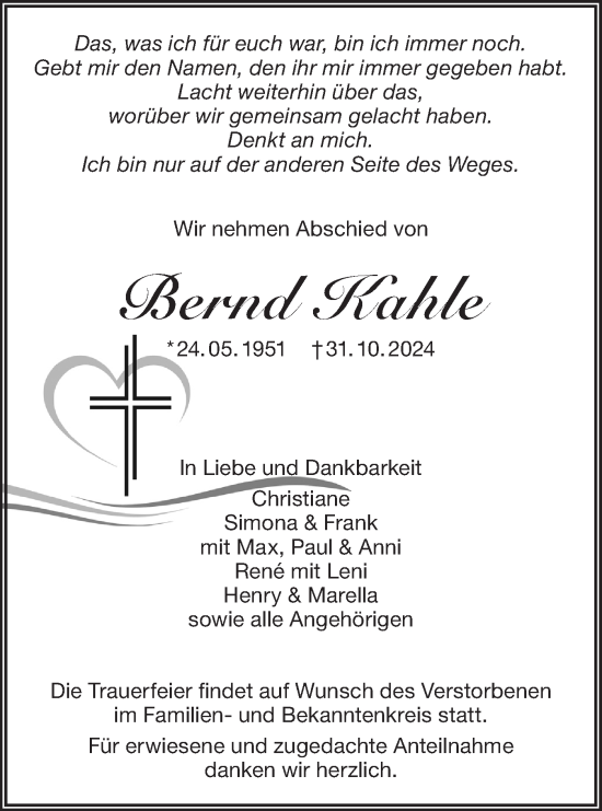 Traueranzeige von Bernd Kahle von Lausitzer Rundschau