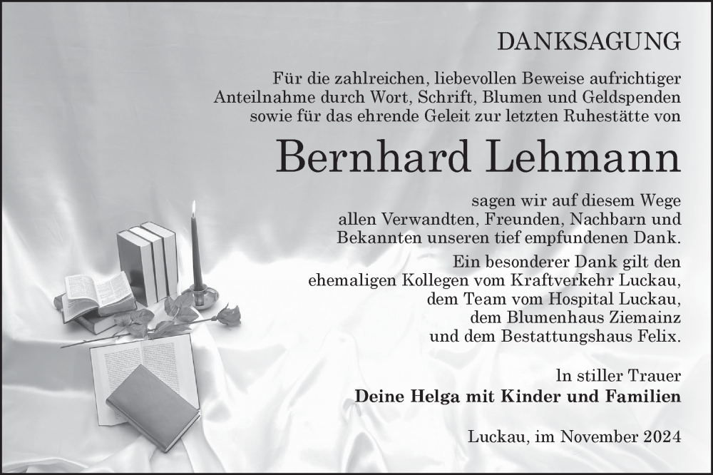  Traueranzeige für Bernhard Lehmann vom 16.11.2024 aus Lausitzer Rundschau