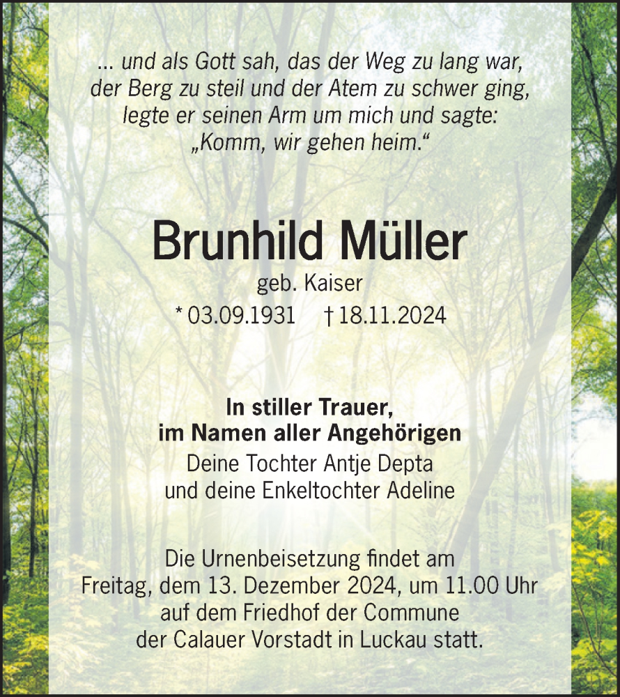  Traueranzeige für Brunhild Müller vom 30.11.2024 aus Lausitzer Rundschau