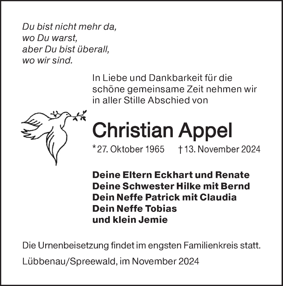  Traueranzeige für Christian Appel vom 23.11.2024 aus Lausitzer Rundschau