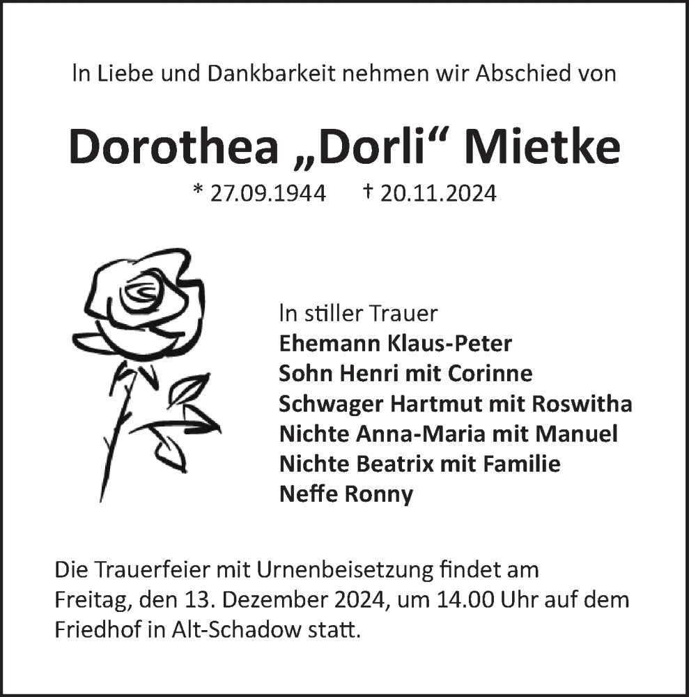 Traueranzeige für Dorothea Mietke vom 30.11.2024 aus Lausitzer Rundschau