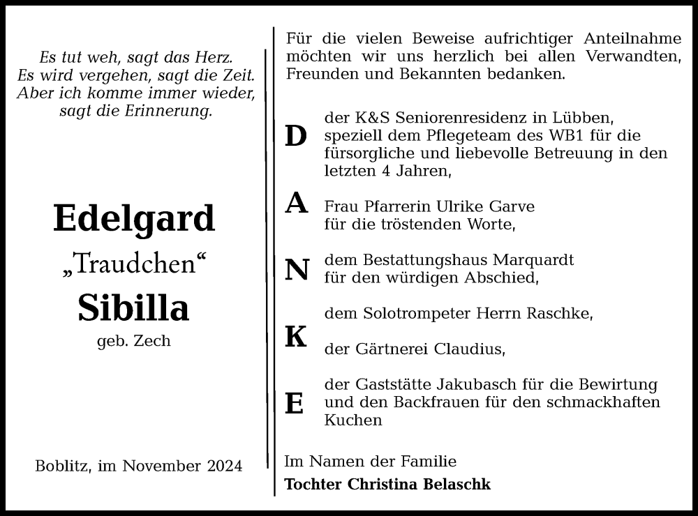  Traueranzeige für Edelgard Sibilla vom 09.11.2024 aus Lausitzer Rundschau